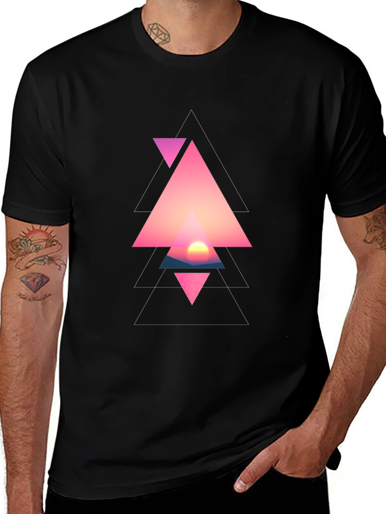 Geometric Sunset Triangle Graphic Black T-Shirt
