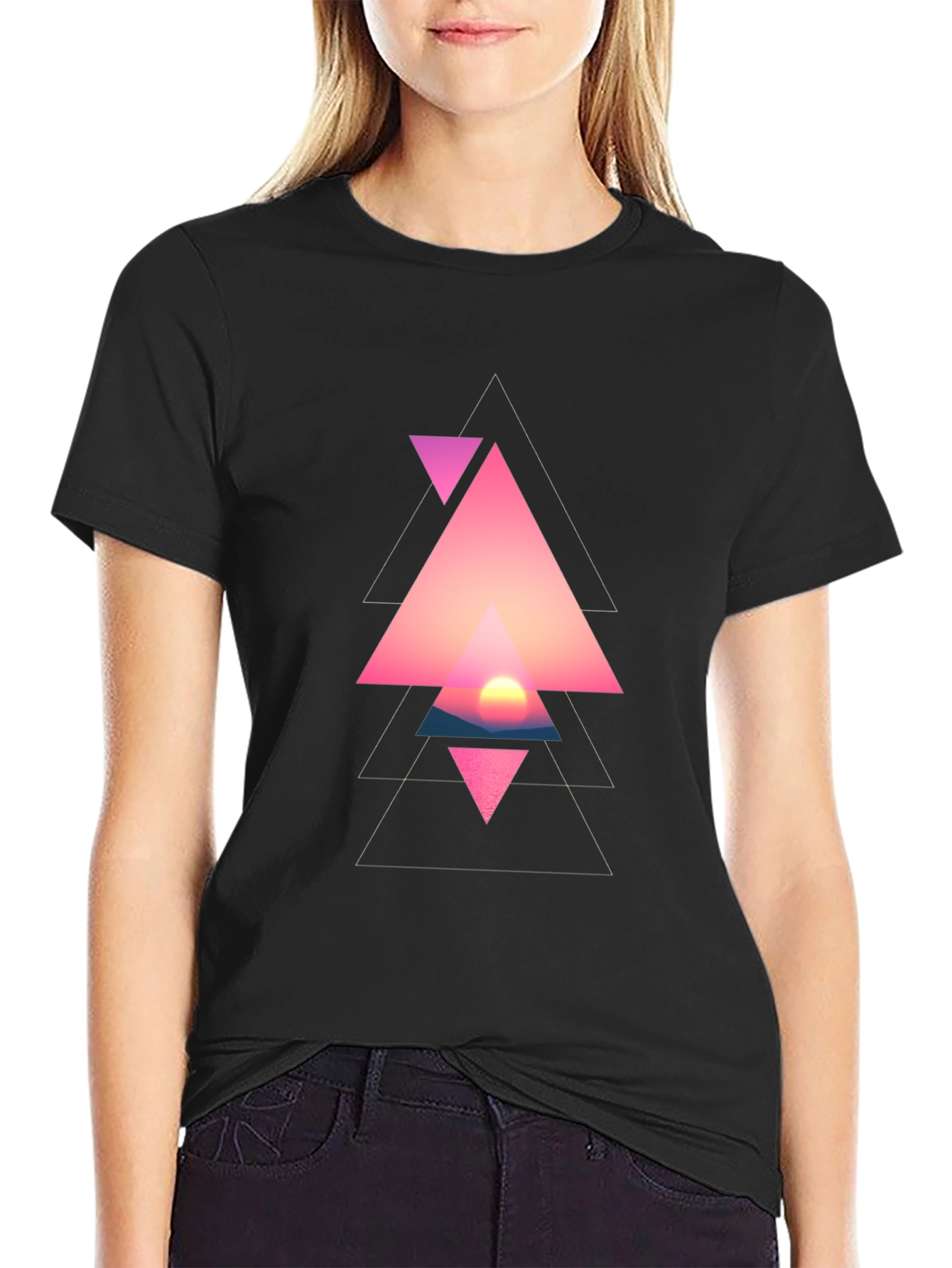 Geometric Sunset Triangle Graphic Black T-Shirt