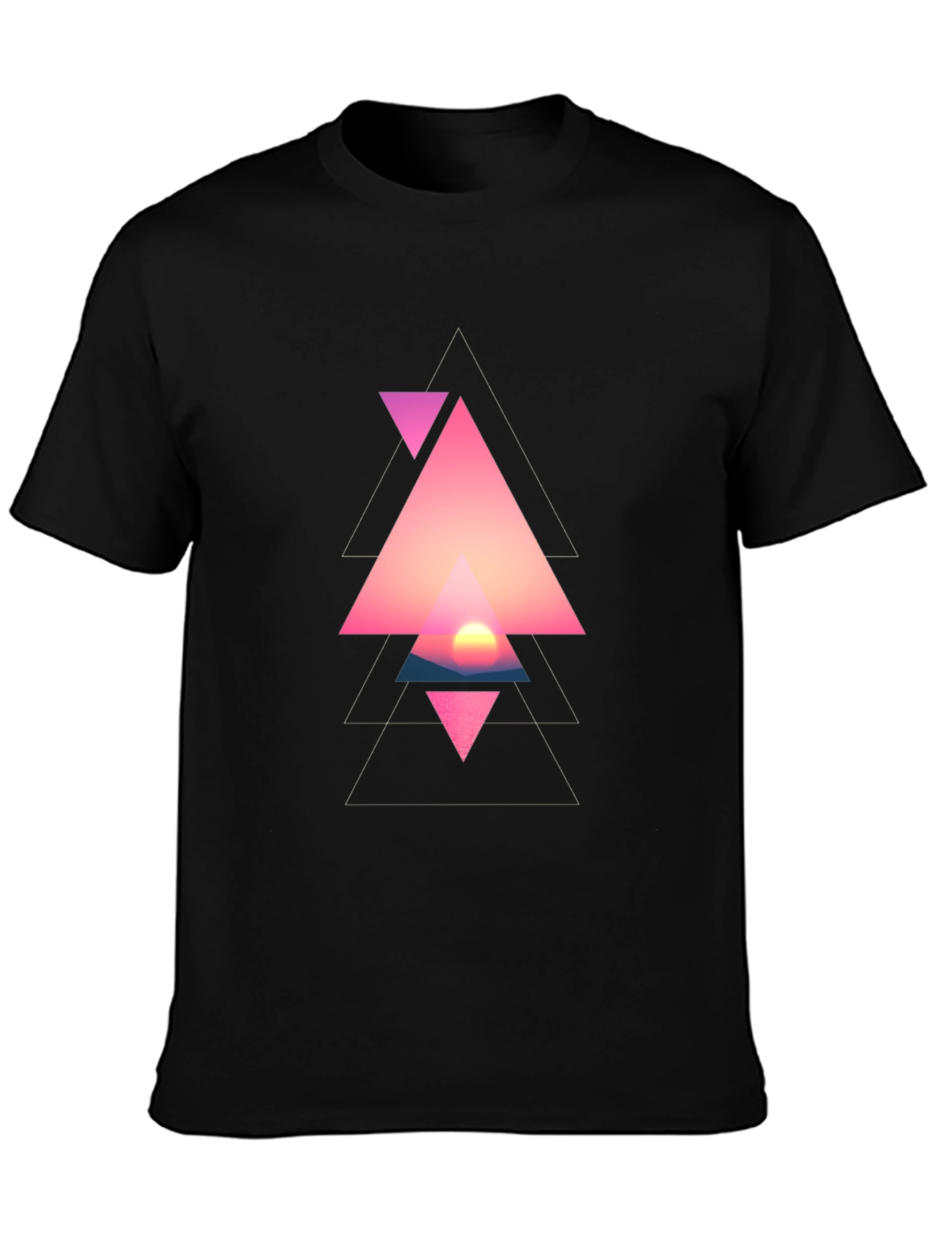 Geometric Sunset Triangle Graphic Black T-Shirt