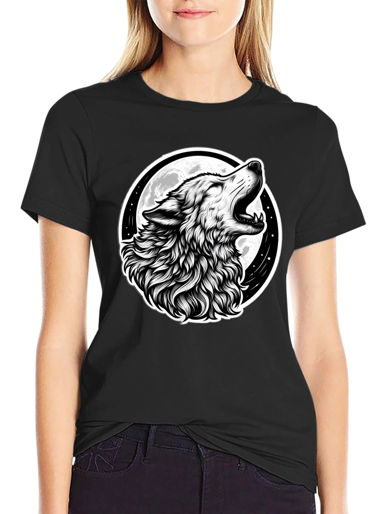 Wolf Howling at Moon Graphic Black T-Shirt
