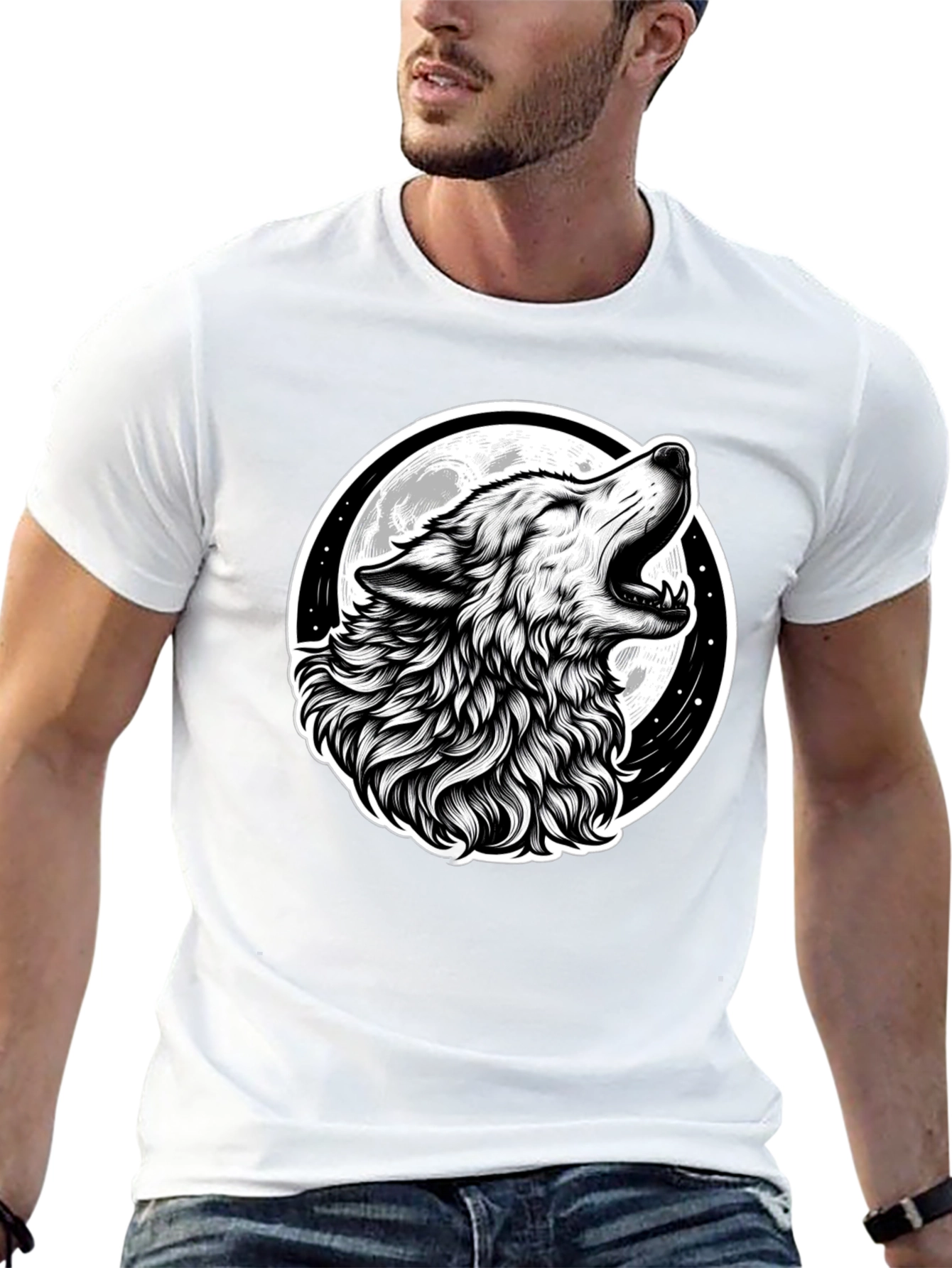 Wolf Howling at Moon Graphic Black T-Shirt