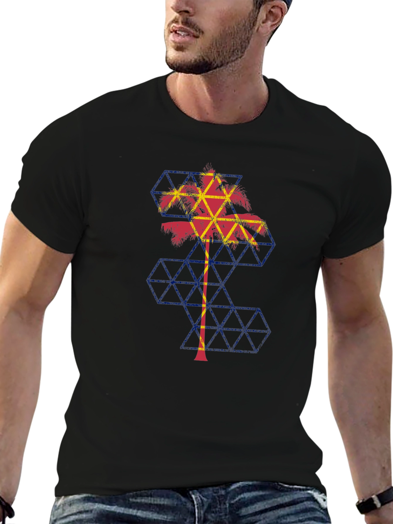 Geometric Palm Tree Graphic Tee - Black