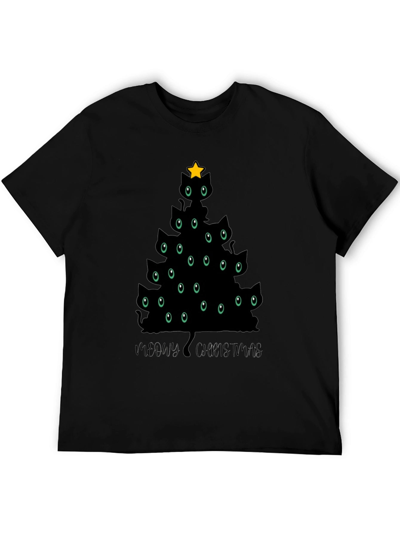Meowy Christmas Cat Tree Black T-Shirt