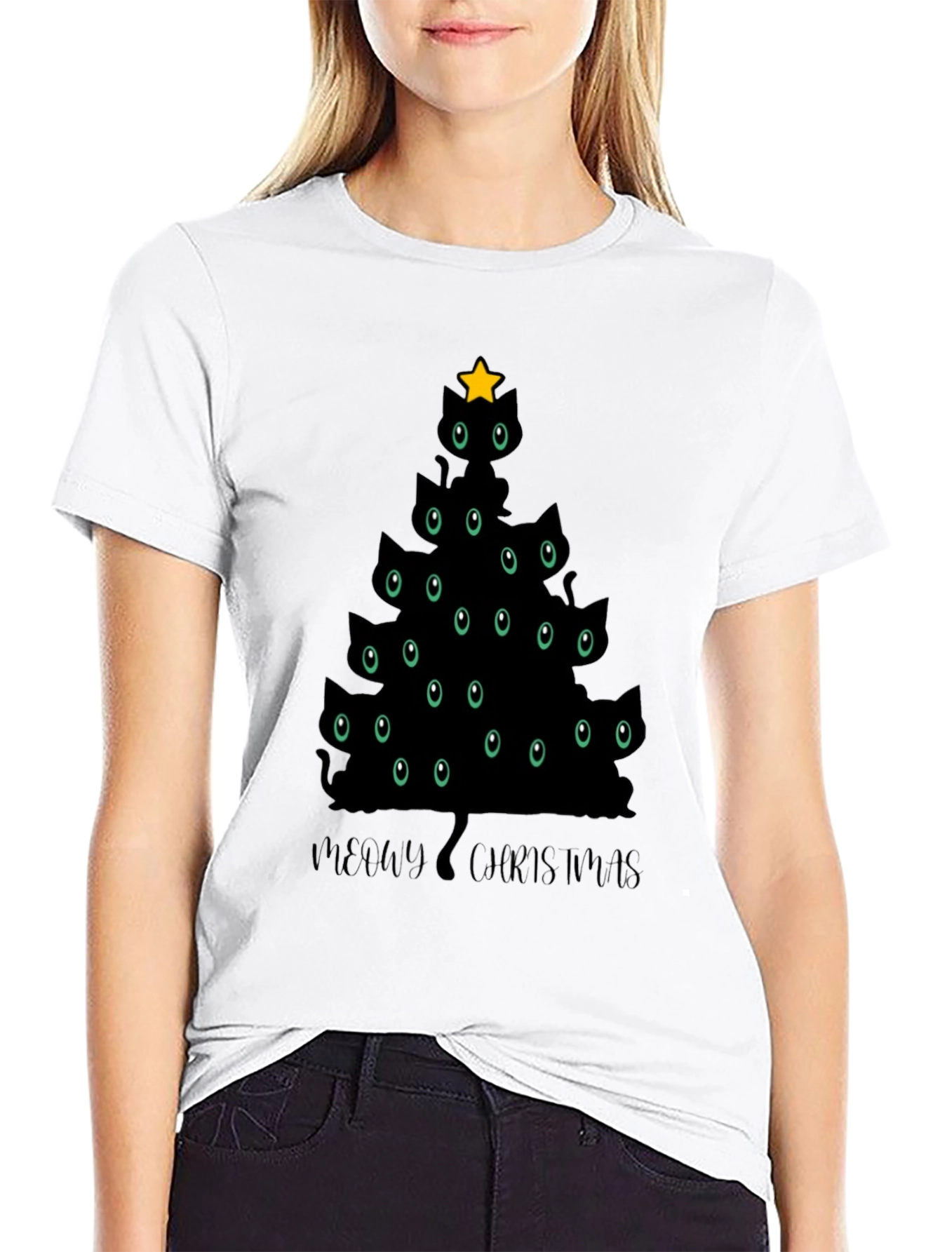 Meowy Christmas Cat Tree Black T-Shirt