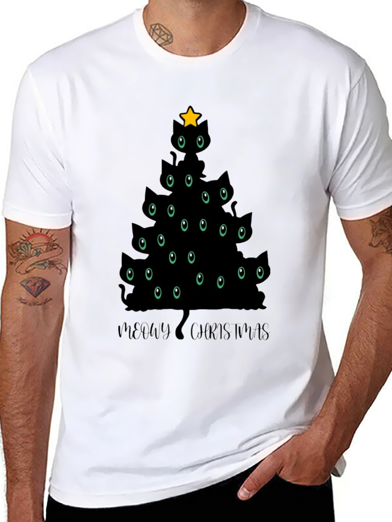 Meowy Christmas Cat Tree Black T-Shirt