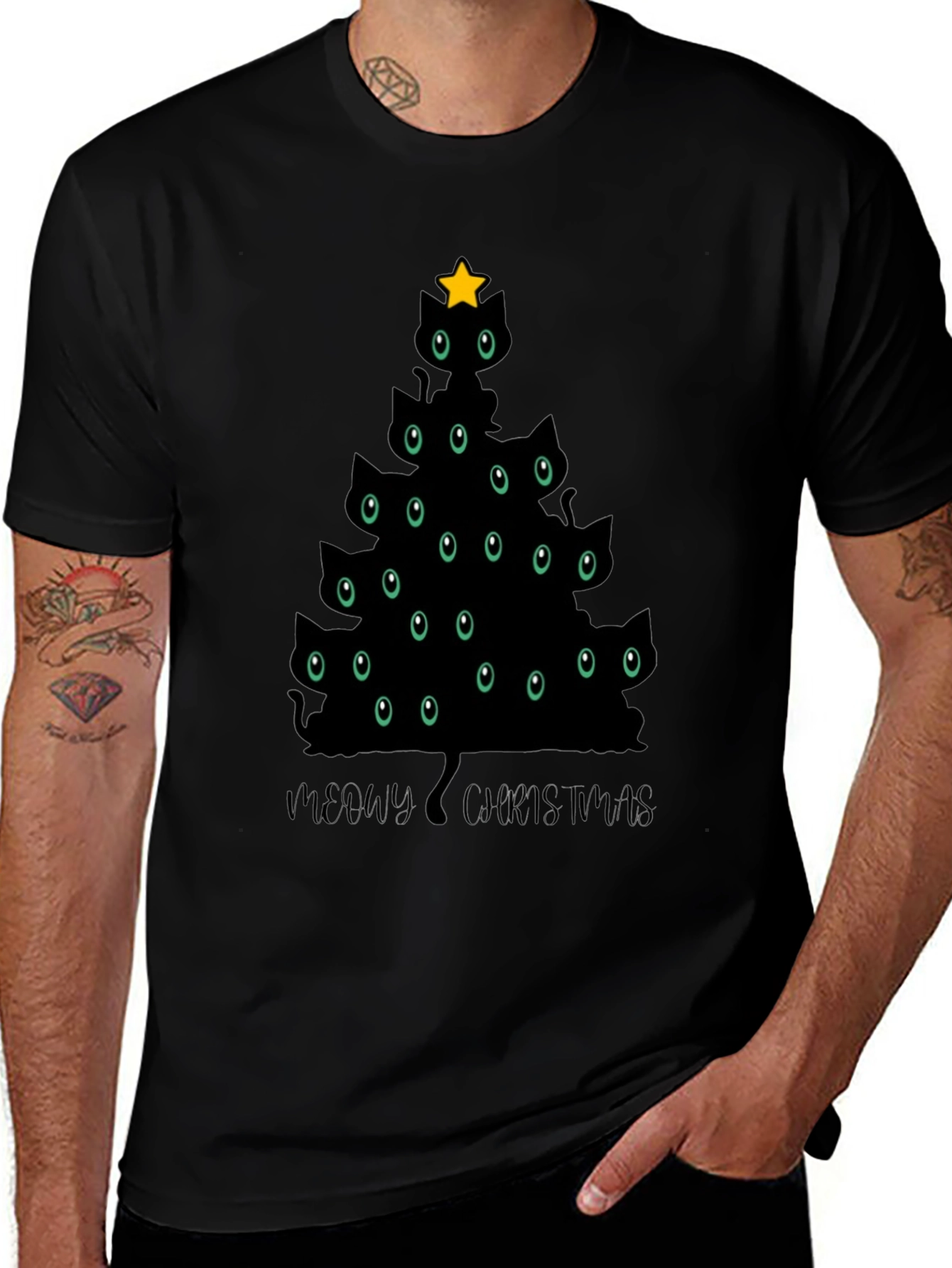 Meowy Christmas Cat Tree Black T-Shirt