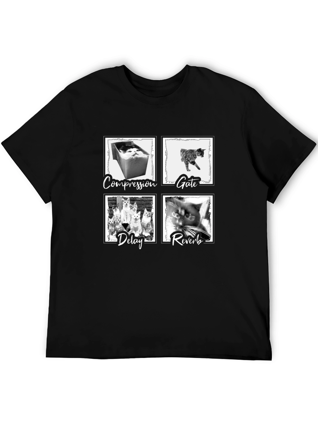Compression Gate Delay Reverb Cat Black T-Shirt