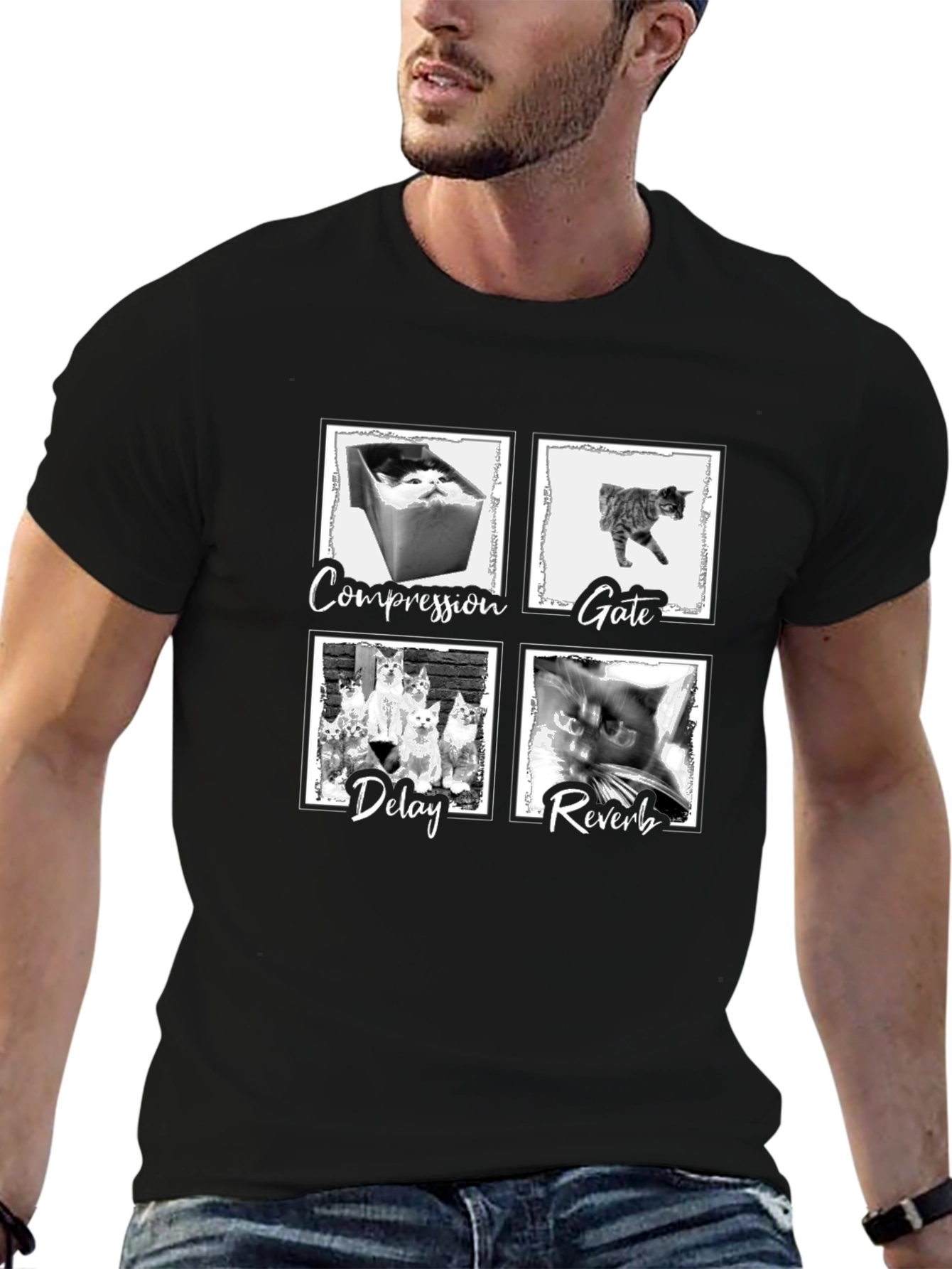Compression Gate Delay Reverb Cat Black T-Shirt