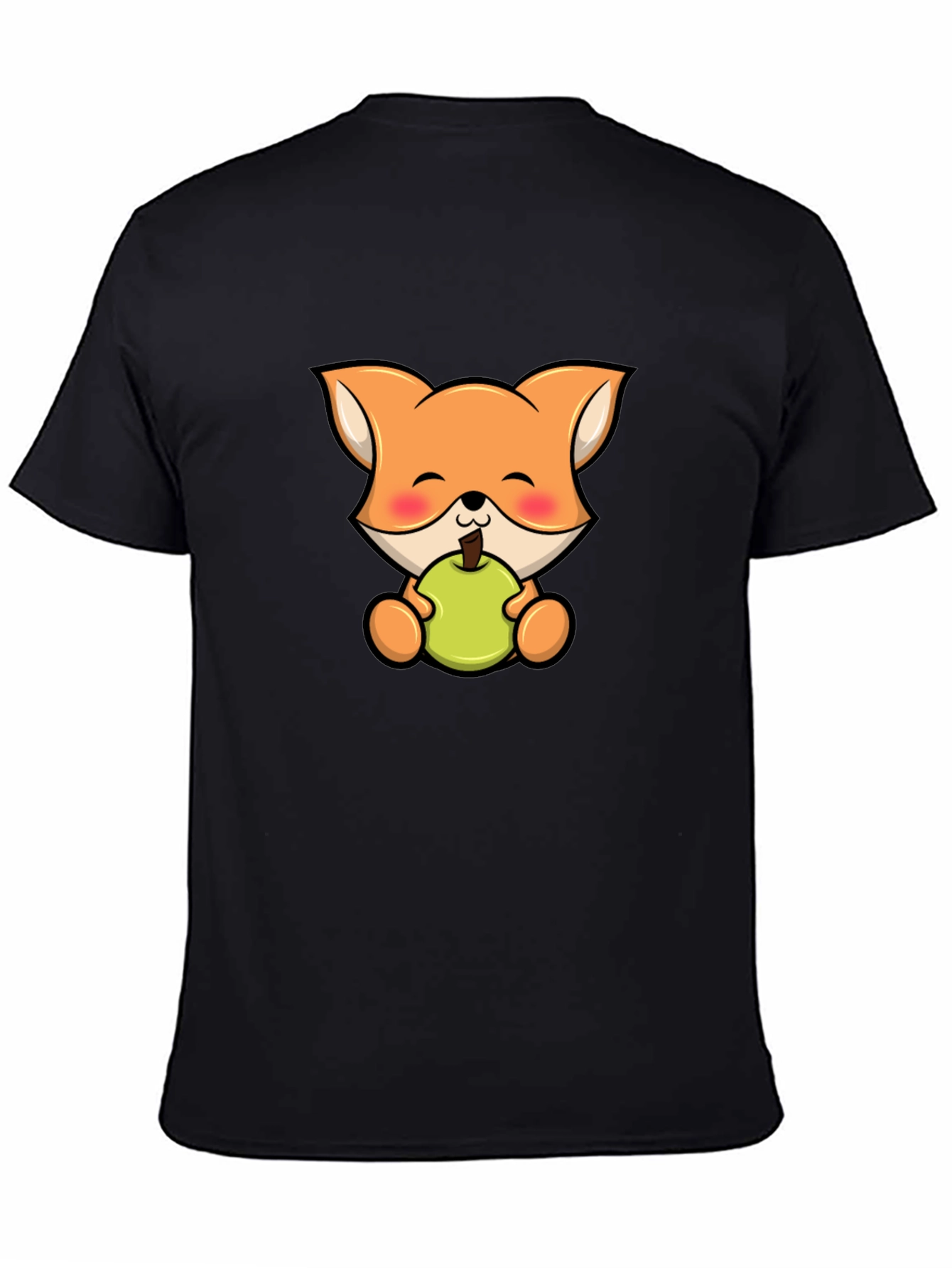 Cute Fox Eating Apple Black T-Shirt