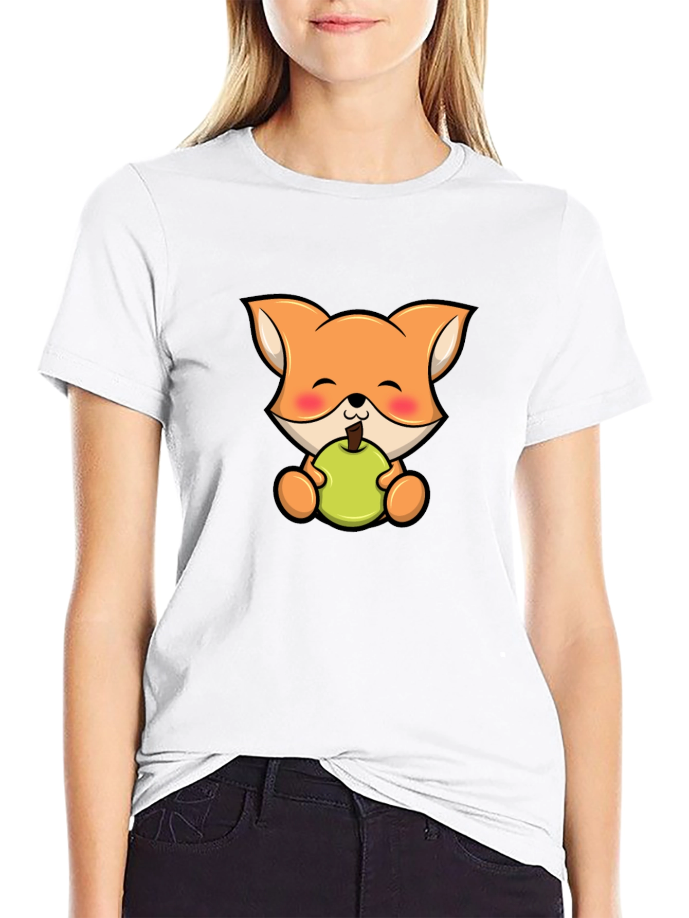 Cute Fox Eating Apple Black T-Shirt