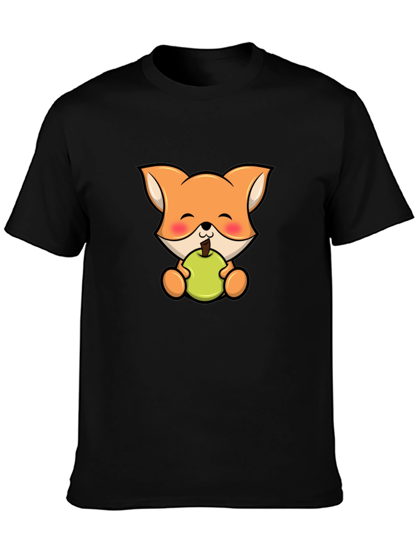 Cute Fox Eating Apple Black T-Shirt