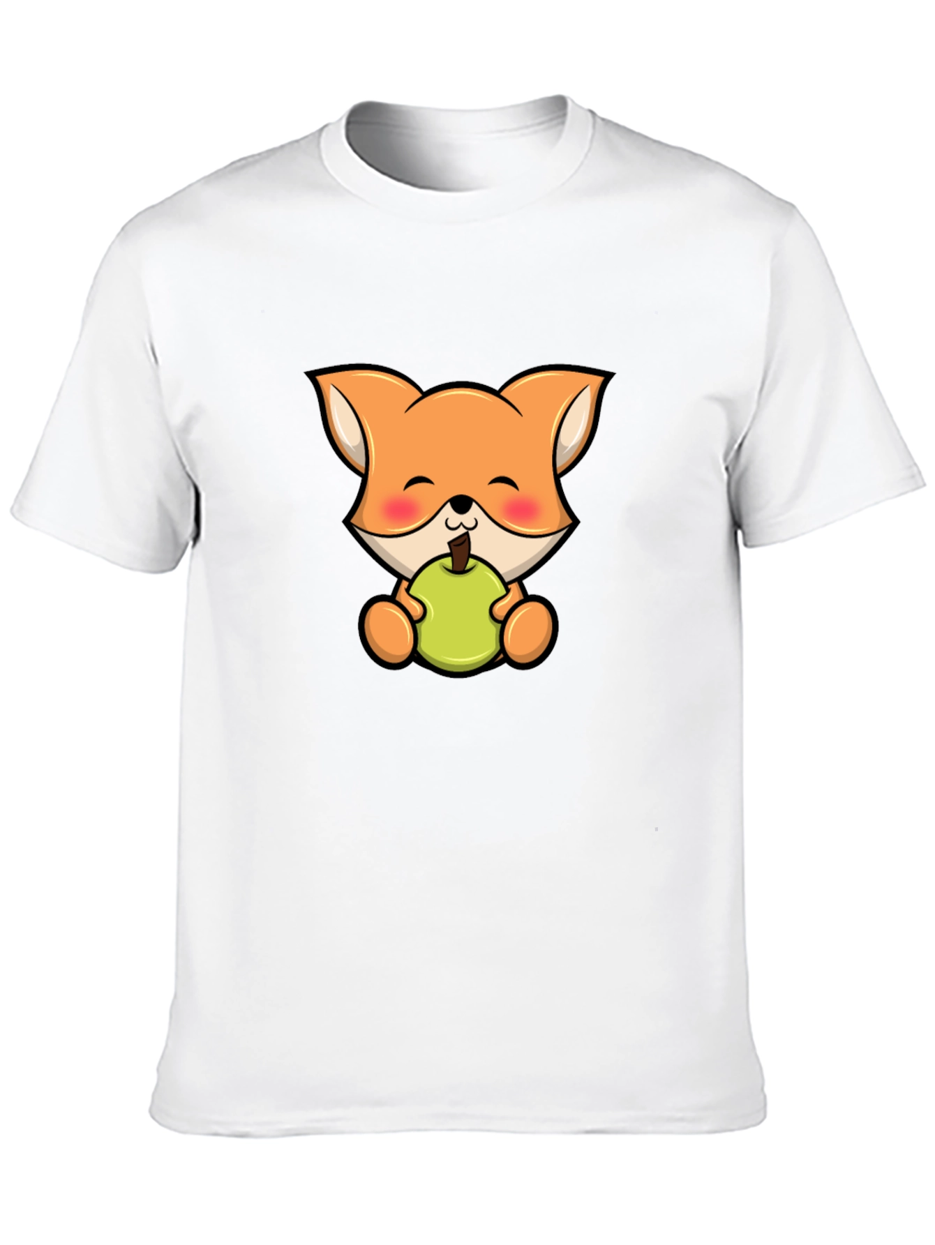 Cute Fox Eating Apple Black T-Shirt