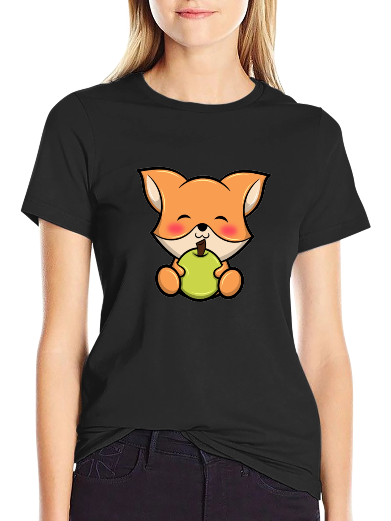 Cute Fox Eating Apple Black T-Shirt