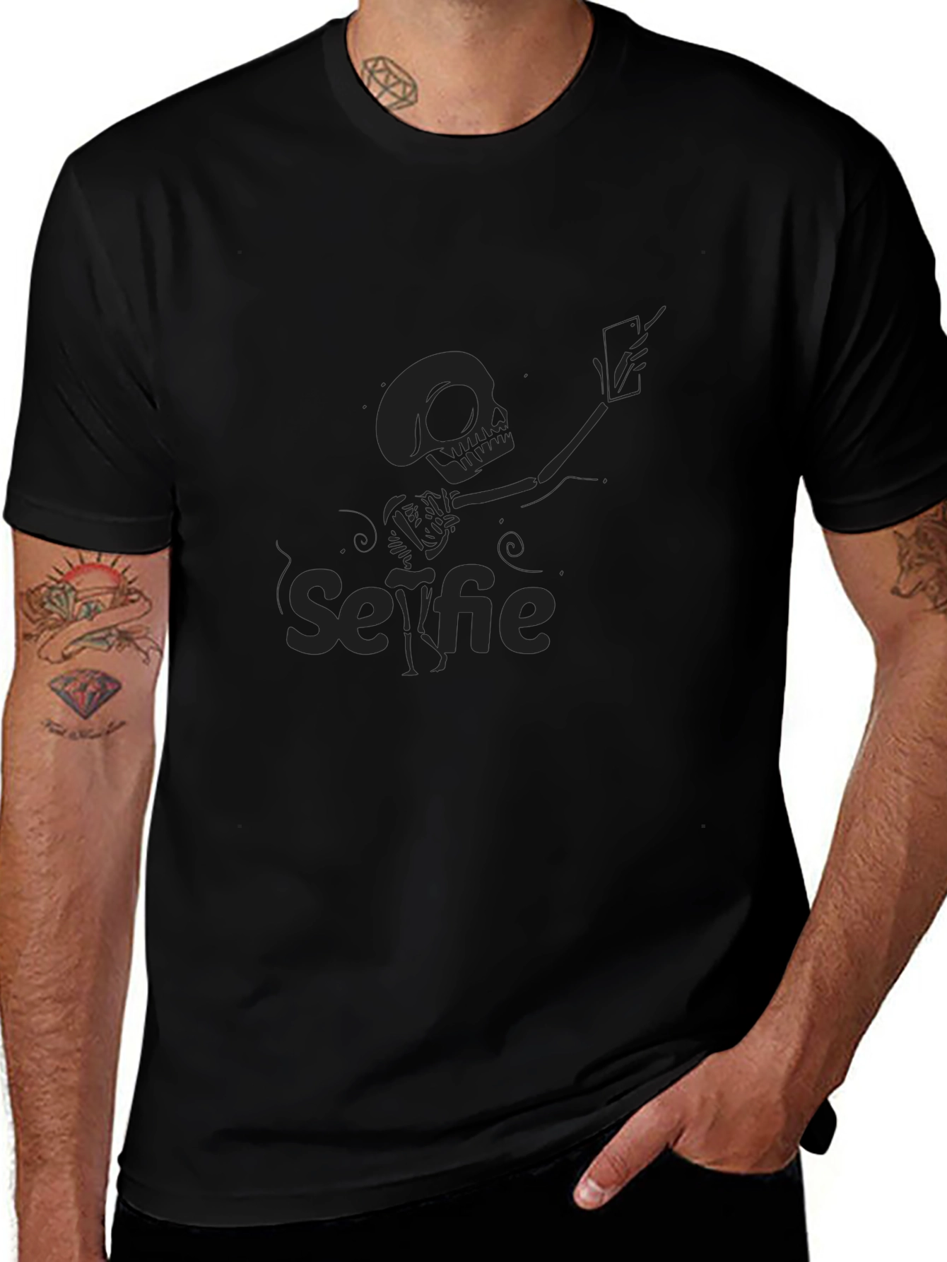 Skeleton Selfie T-Shirt - Black Crew Neck