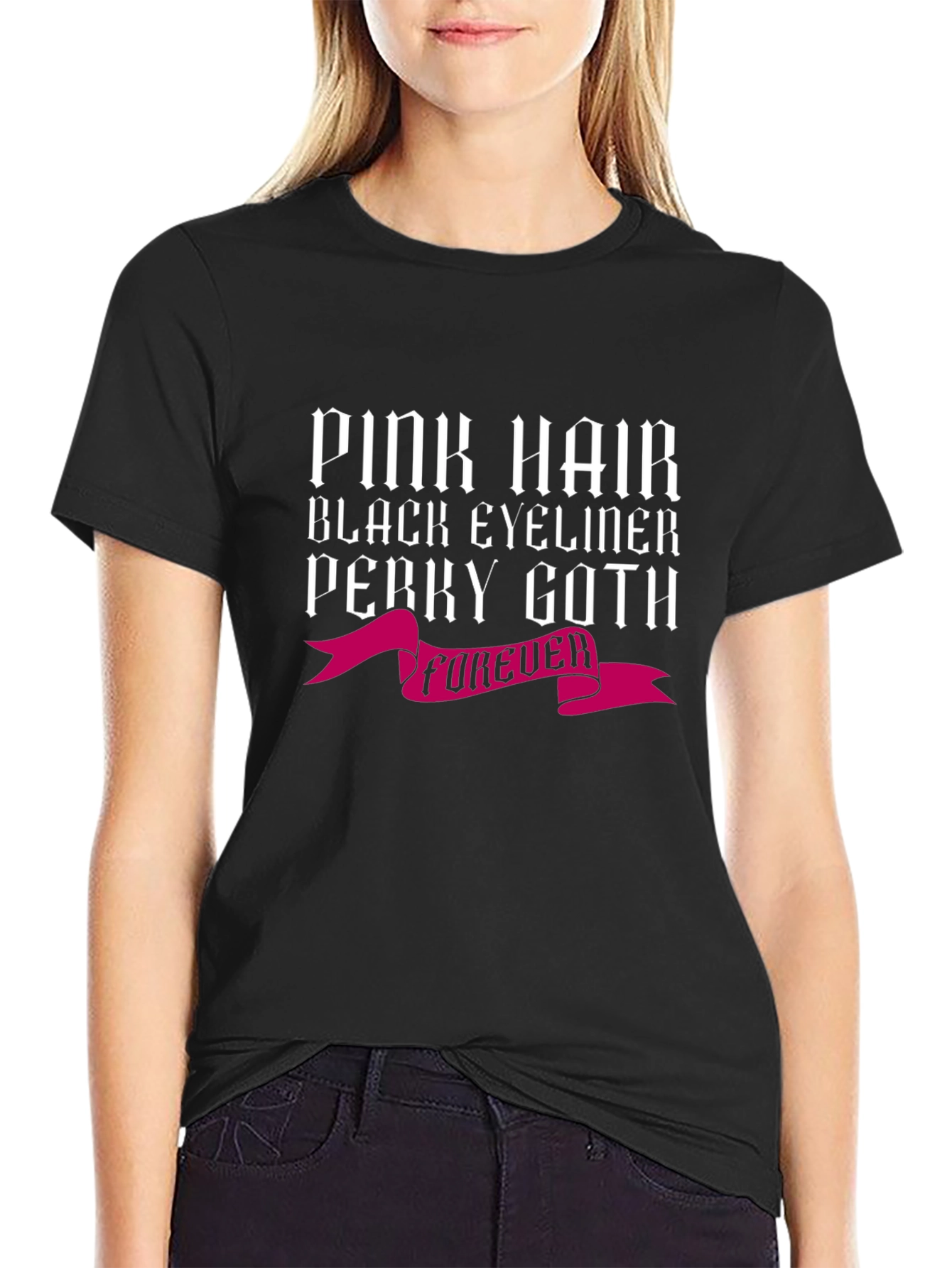 Pink Hair Perky Goth Black Tee
