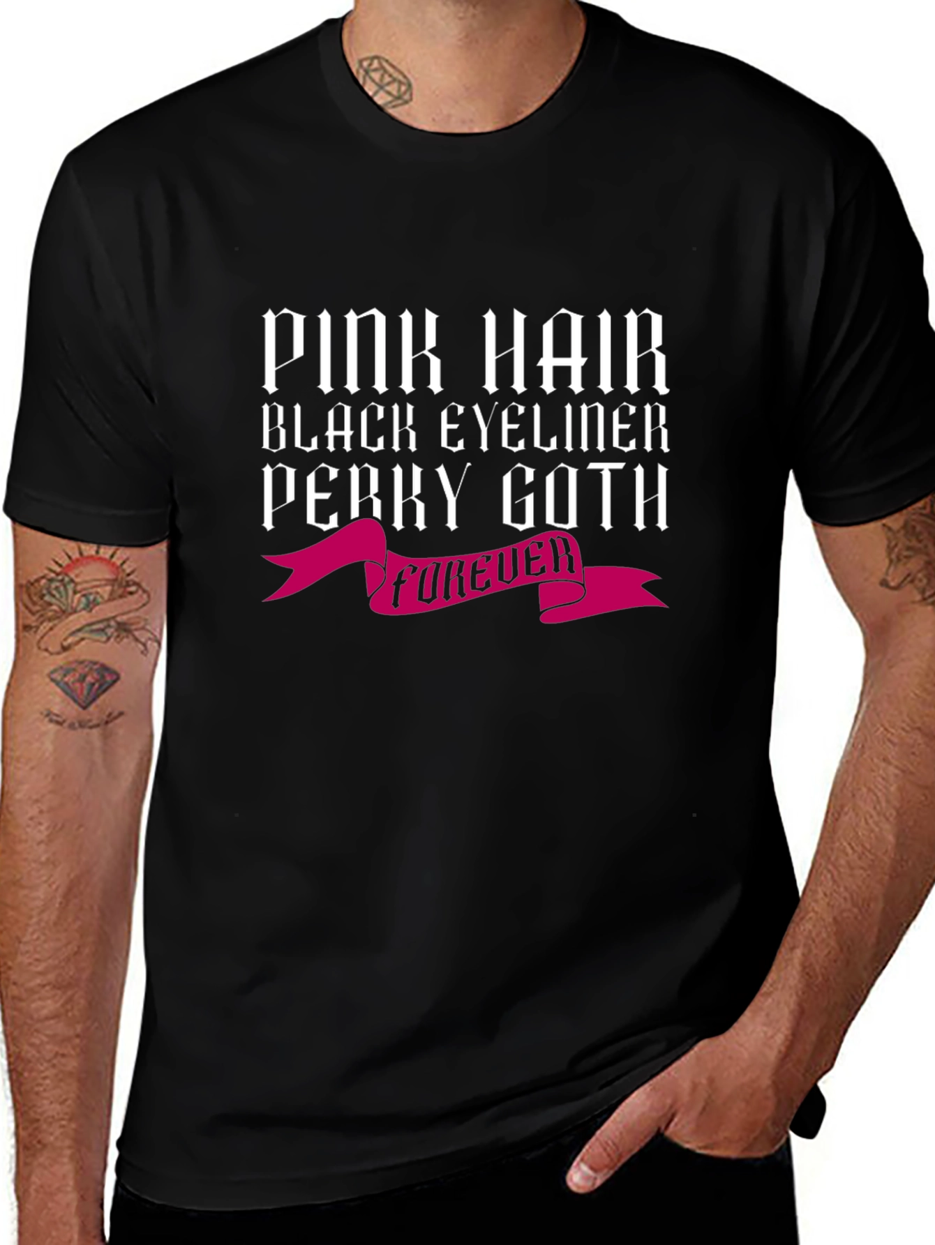 Pink Hair Perky Goth Black Tee