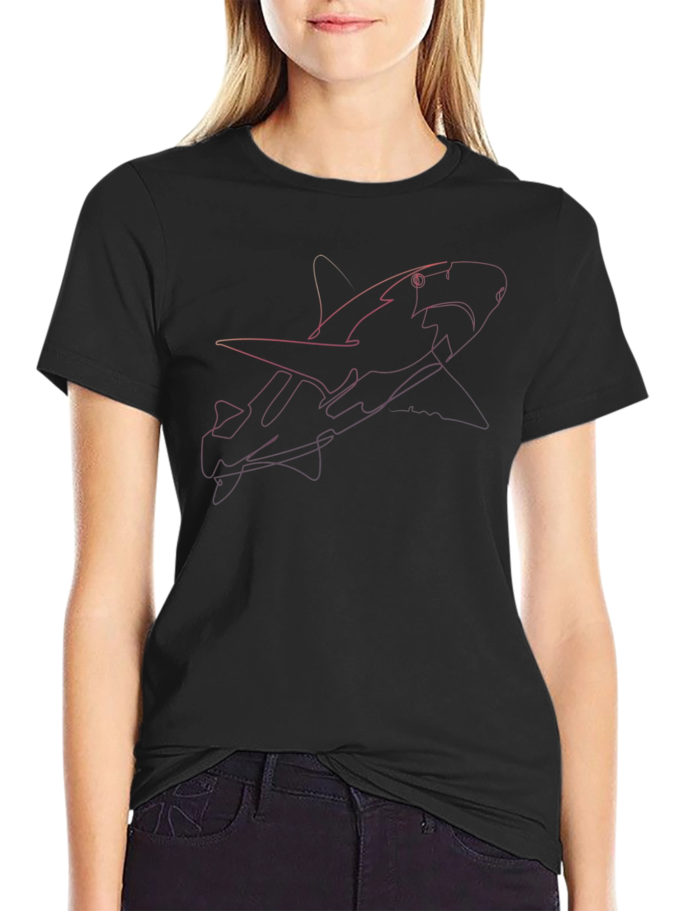 Shark Line Art T-Shirt - Casual Black Tee