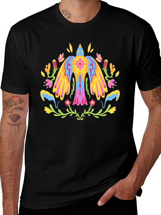 Mens Black T-Shirt with Bird and Floral Graphic Print