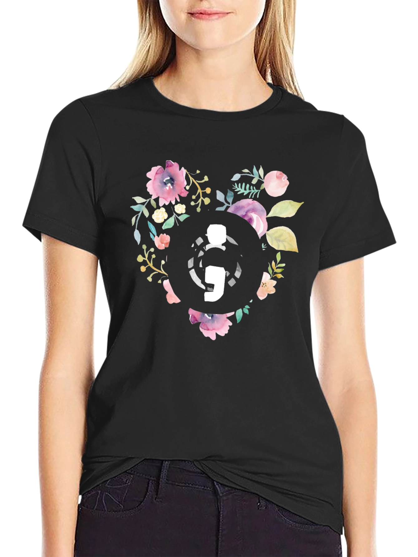 Floral Semicolon Heart Graphic Tee - Black