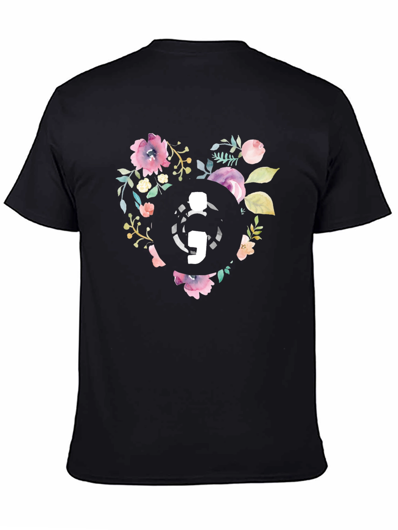 Floral Semicolon Heart Graphic Tee - Black