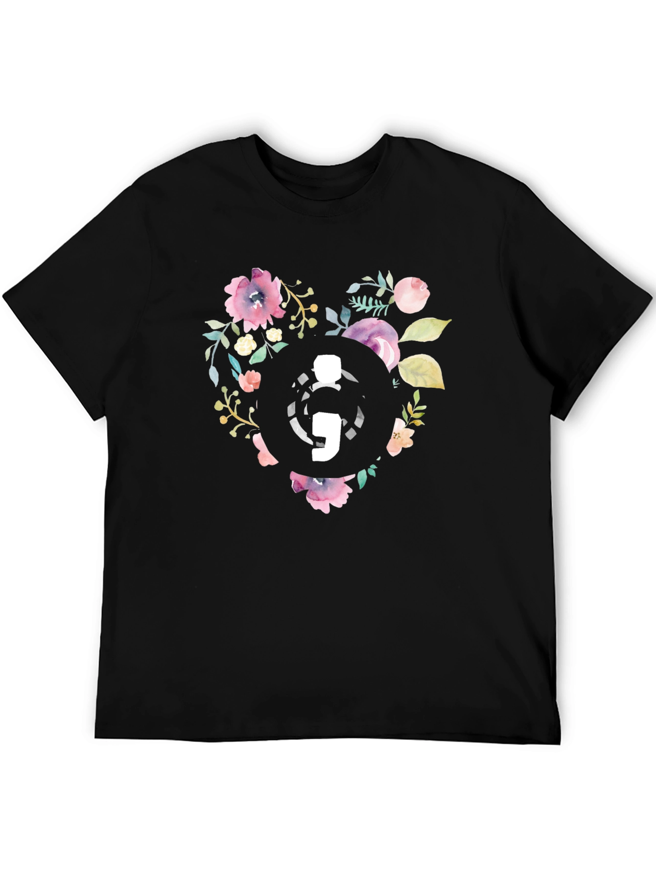 Floral Semicolon Heart Graphic Tee - Black
