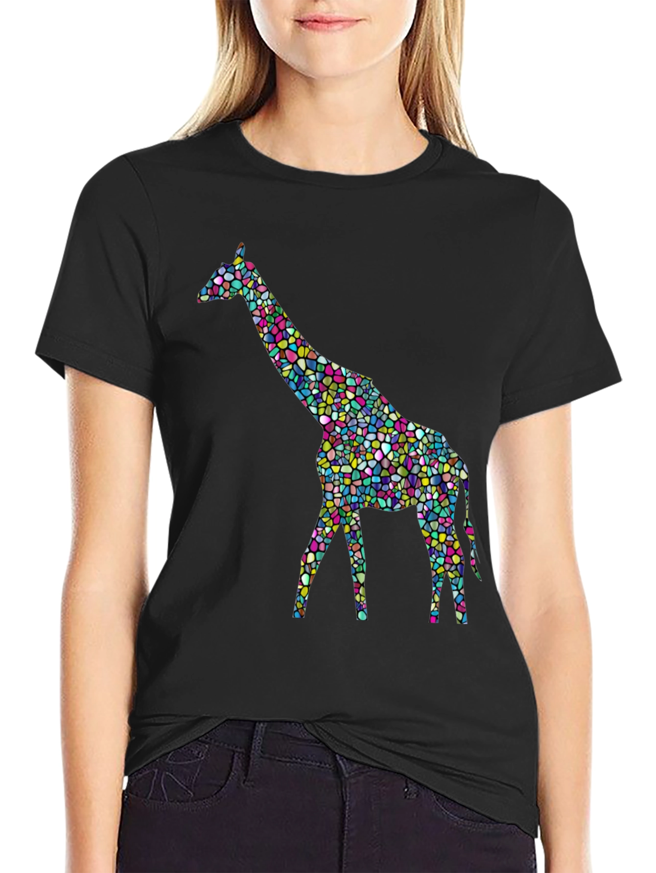 Mosaic Giraffe Graphic Tee - Stylish Black T-Shirt