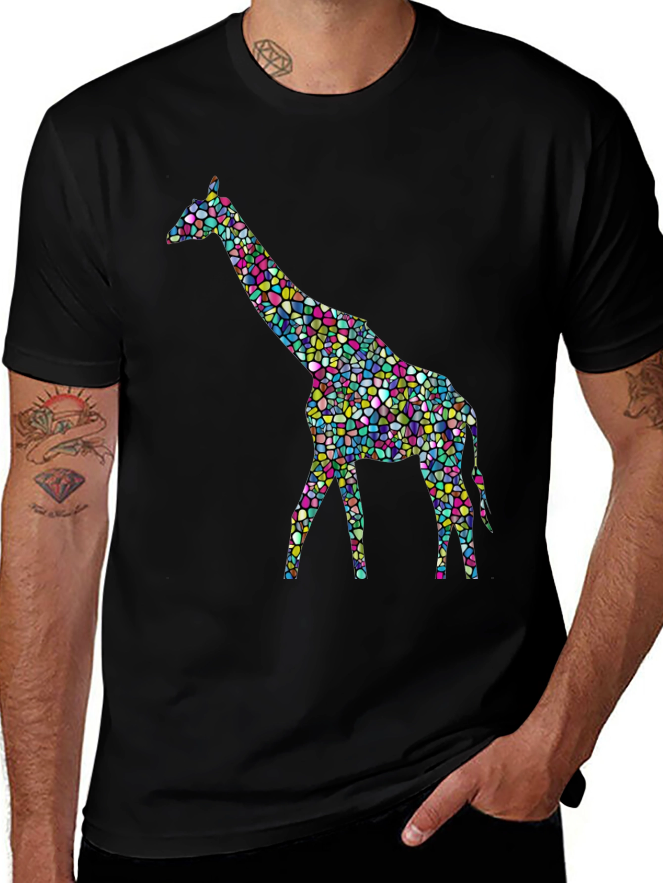 Mosaic Giraffe Graphic Tee - Stylish Black T-Shirt