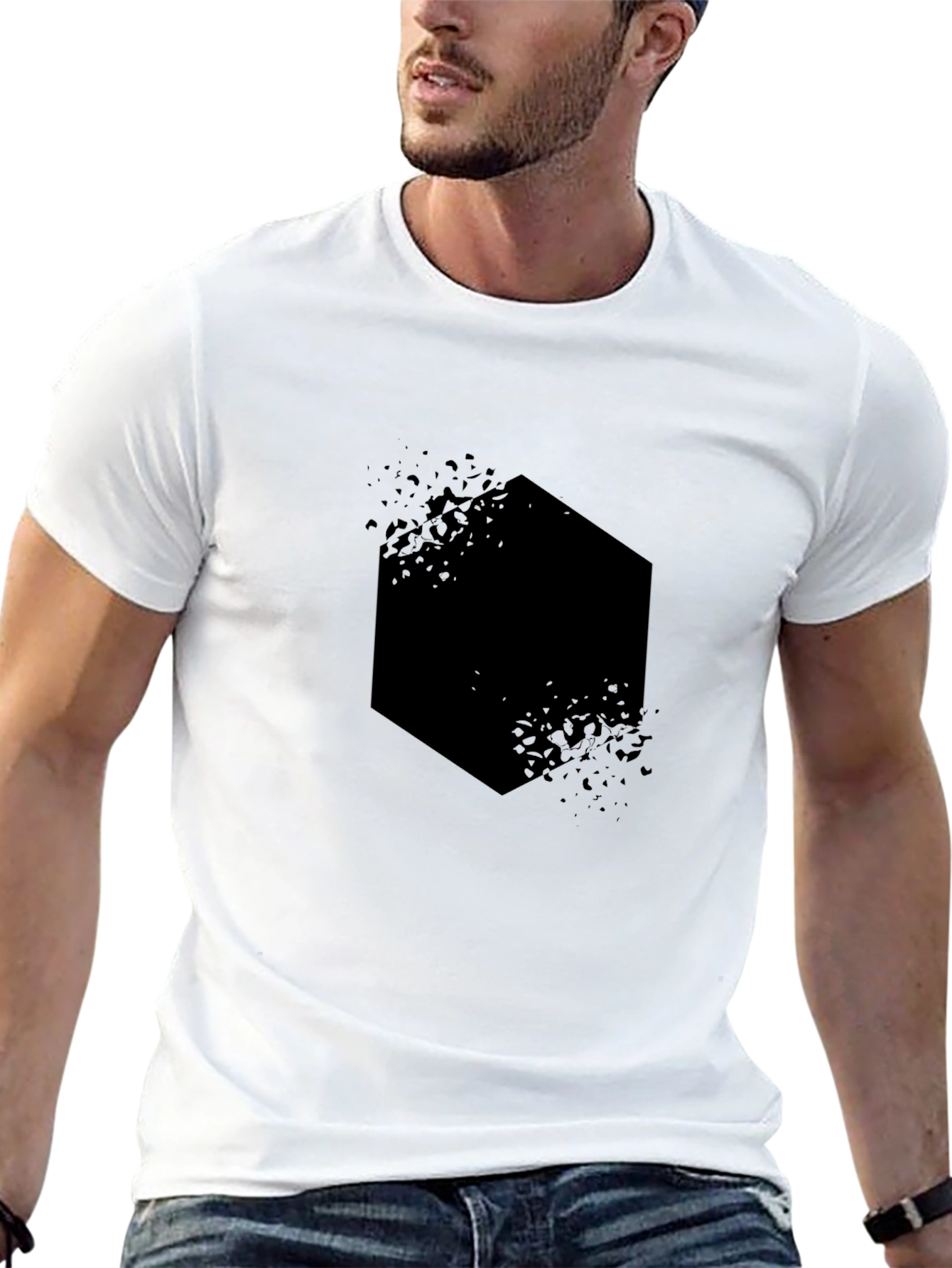 Mens Black Graphic Tee - Abstract Hexagon Design