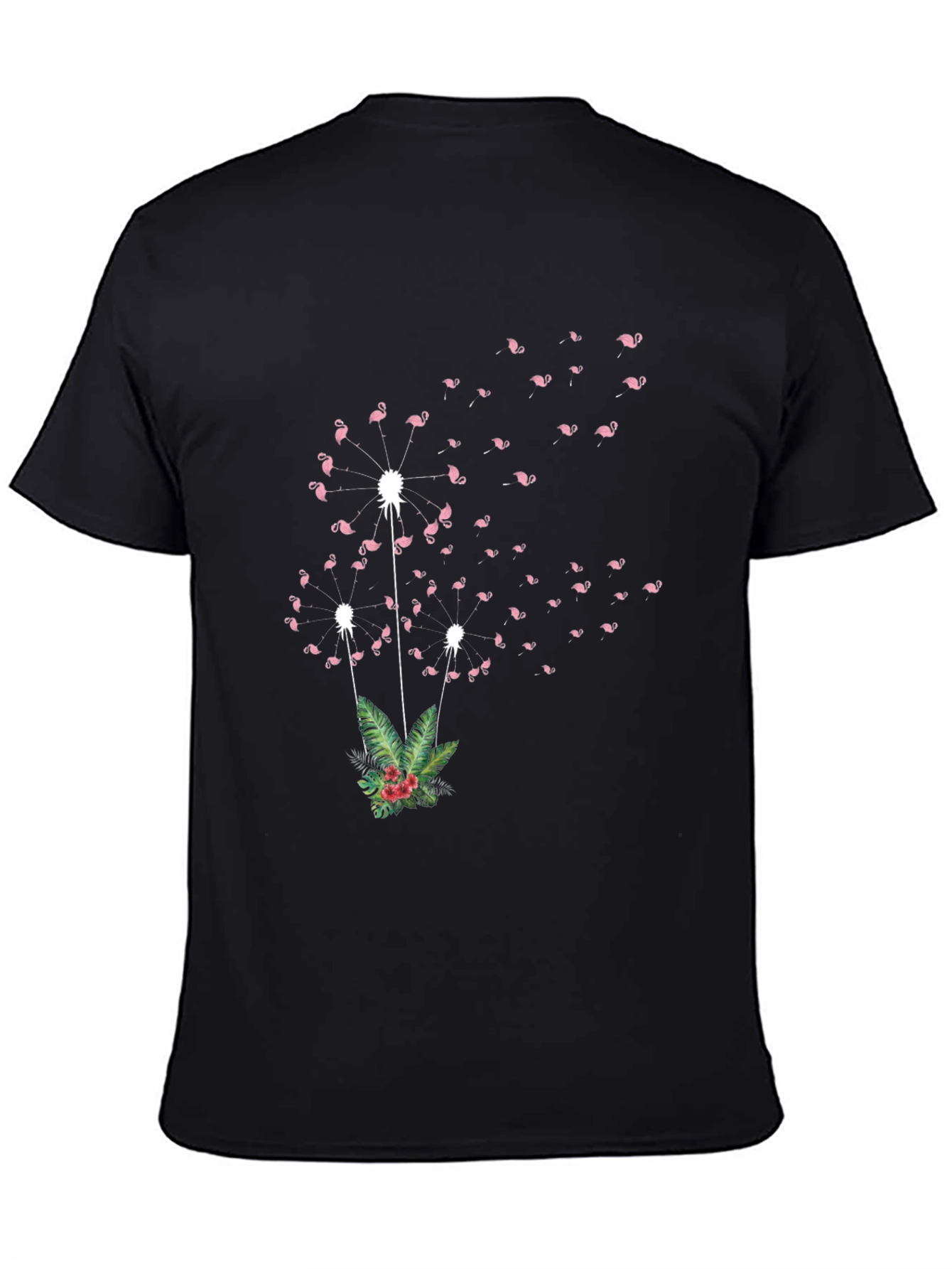 Flamingo Dandelion Print Black T-Shirt