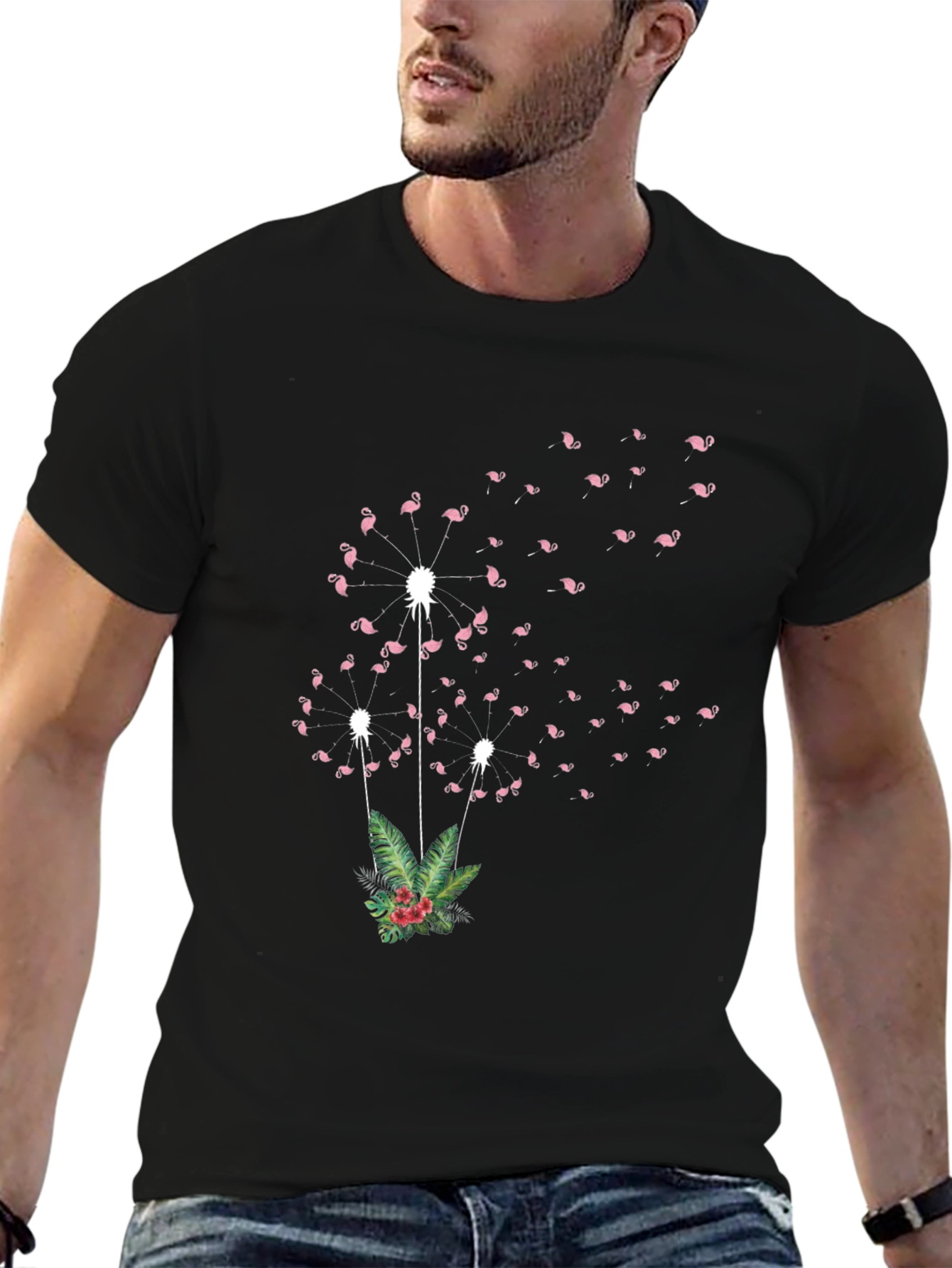 Flamingo Dandelion Print Black T-Shirt