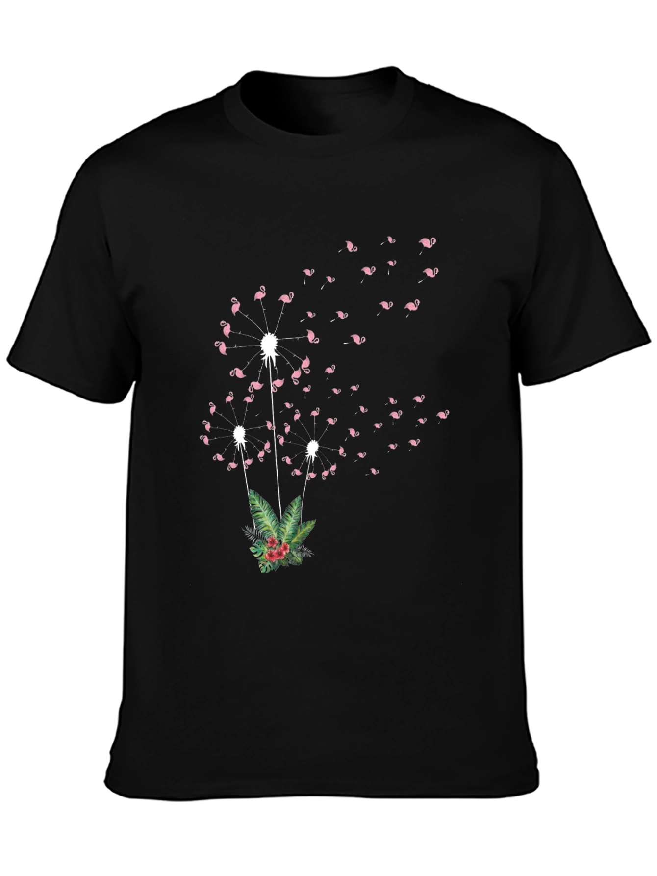 Flamingo Dandelion Print Black T-Shirt