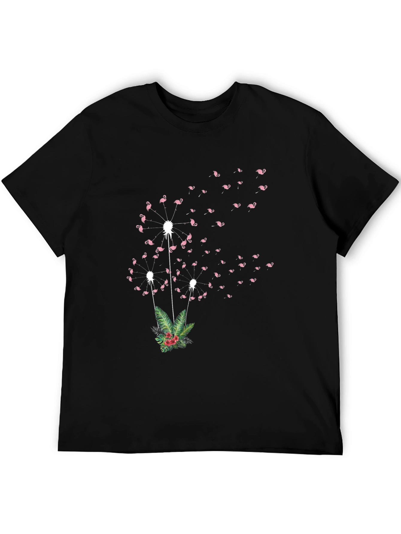 Flamingo Dandelion Print Black T-Shirt