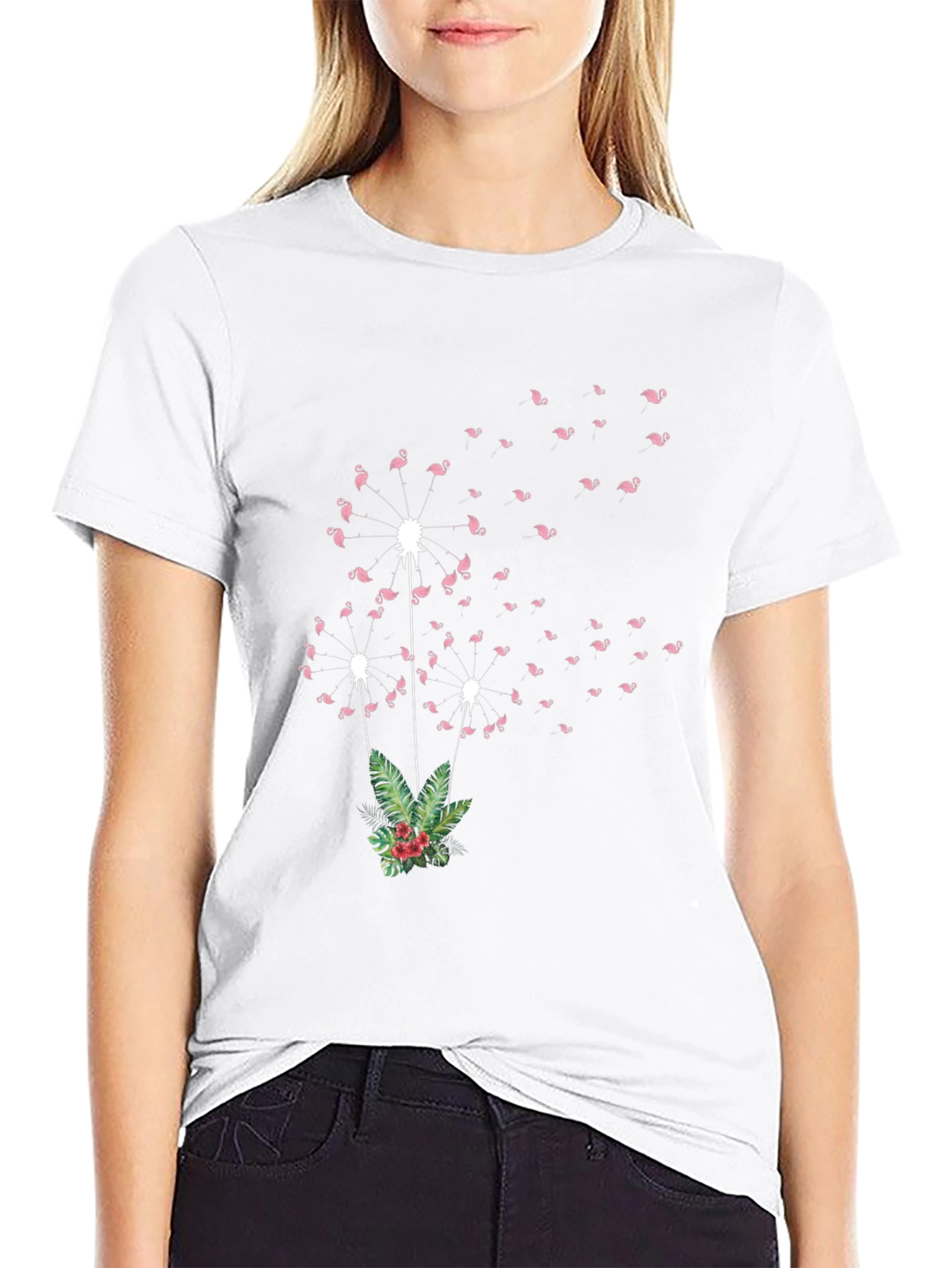 Flamingo Dandelion Print Black T-Shirt