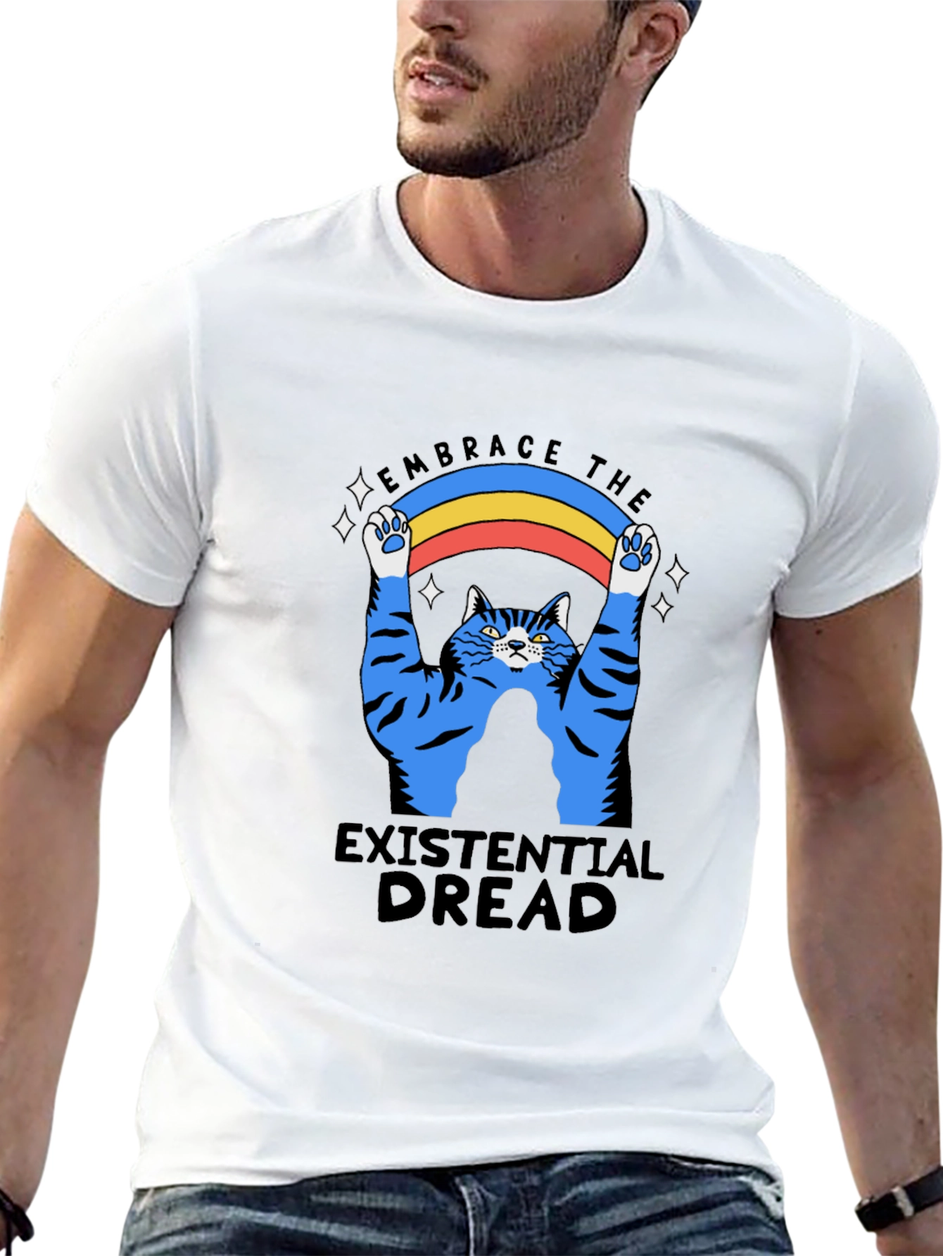 Existential Dread Cat Graphic T-Shirt - Embrace the Rainbow