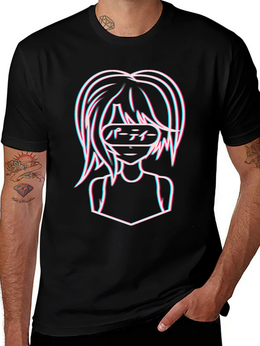 Anime Girl Graphic Tee - Vaporwave Aesthetic Black T-Shirt
