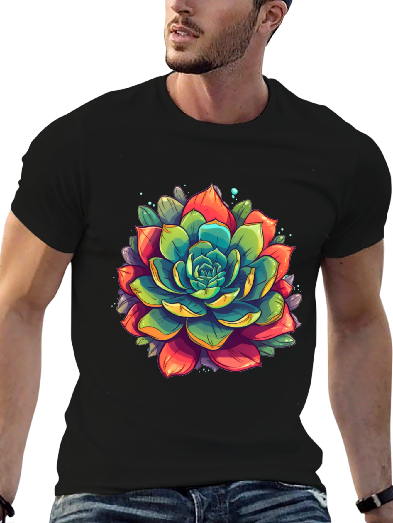 Succulent Graphic Print Black T-Shirt