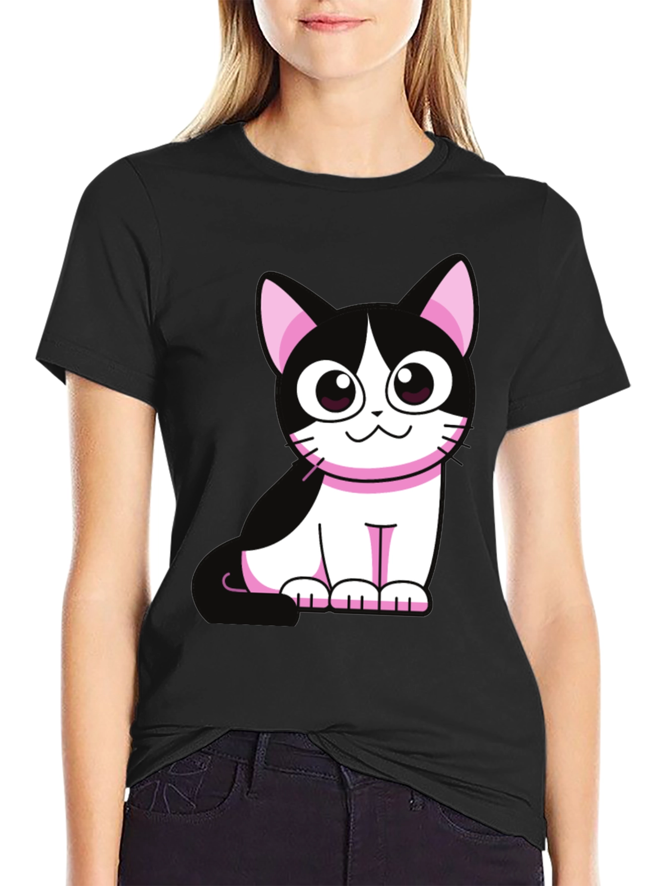 Cute Cartoon Cat Graphic Tee - Black
