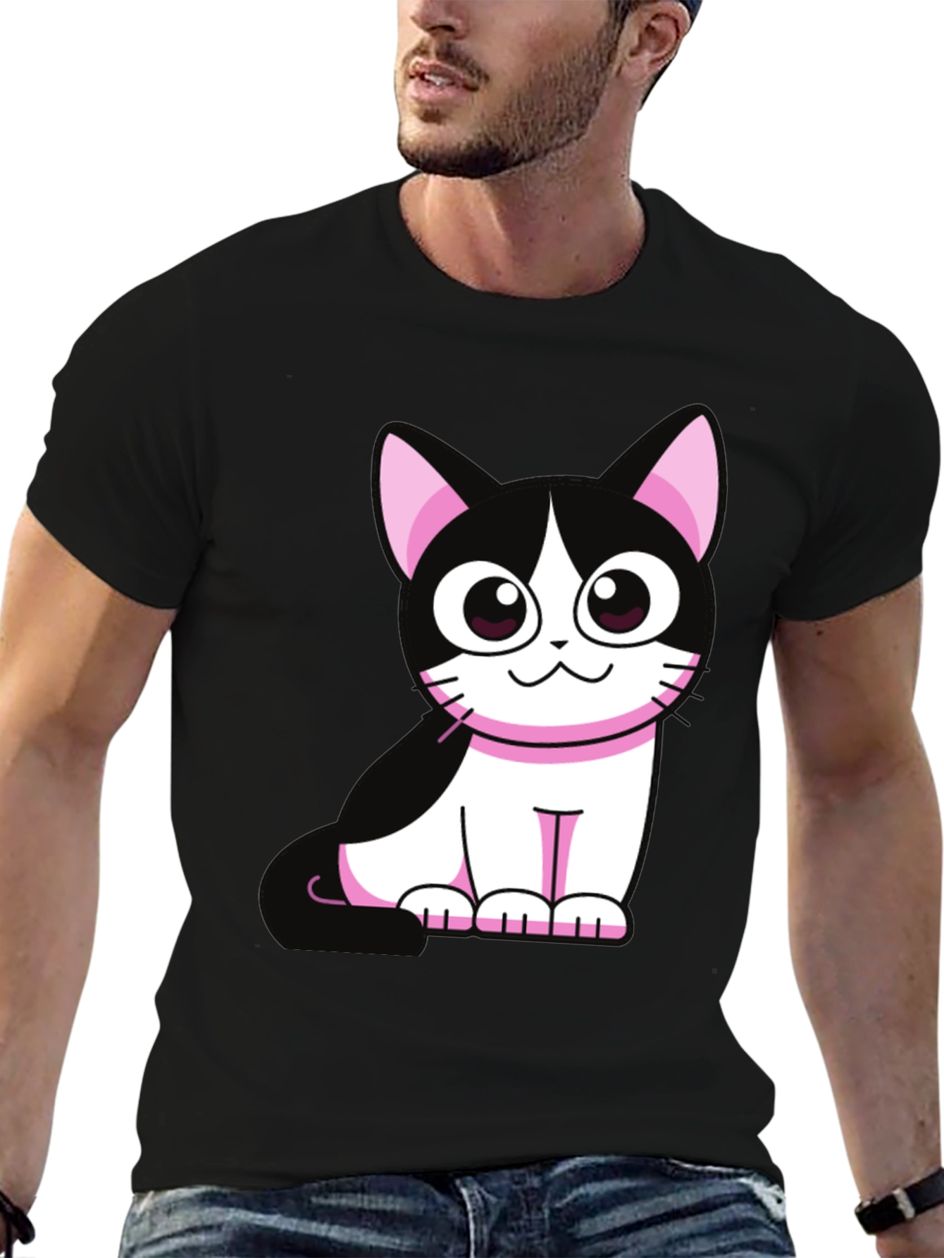 Cute Cartoon Cat Graphic Tee - Black