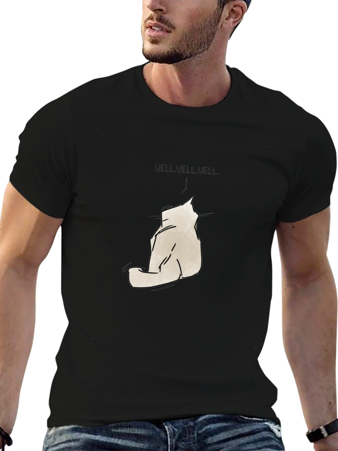 Minimalist Cat Sketch Graphic Black T-Shirt