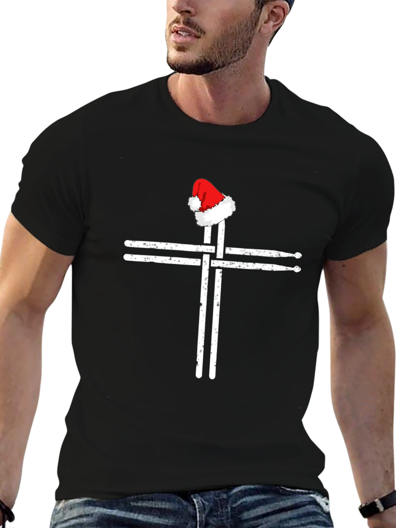 Drumsticks Cross Santa Hat T-Shirt - Black Graphic Tee