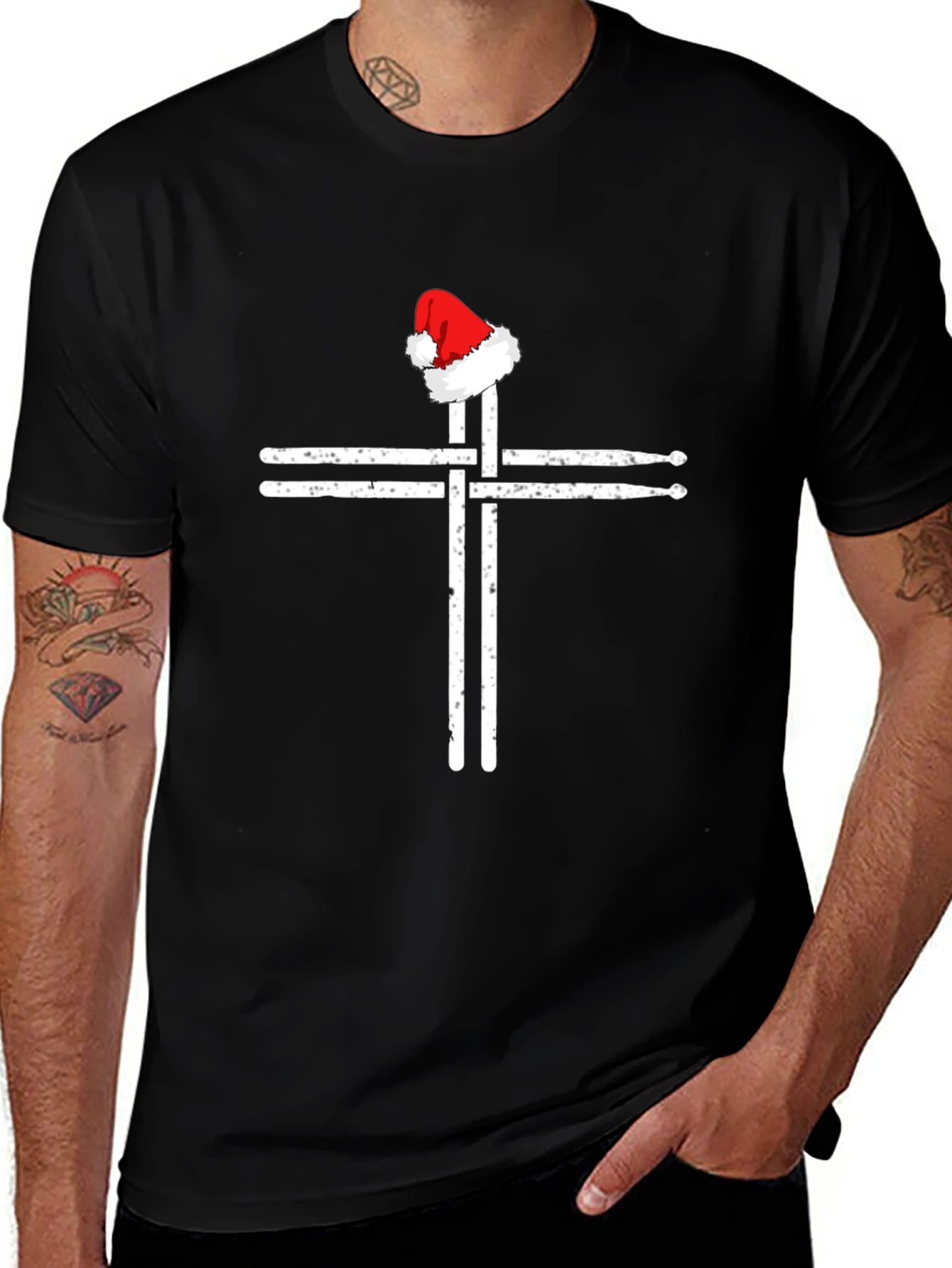Drumsticks Cross Santa Hat T-Shirt - Black Graphic Tee