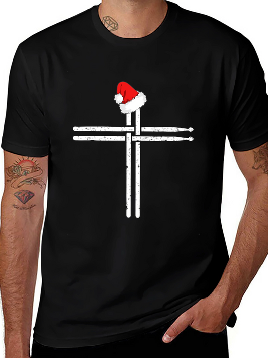 Drumsticks Cross Santa Hat T-Shirt - Black Graphic Tee