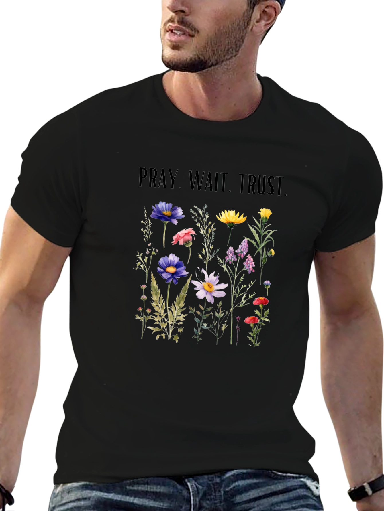 Pray Wait Trust Floral Graphic T-Shirt