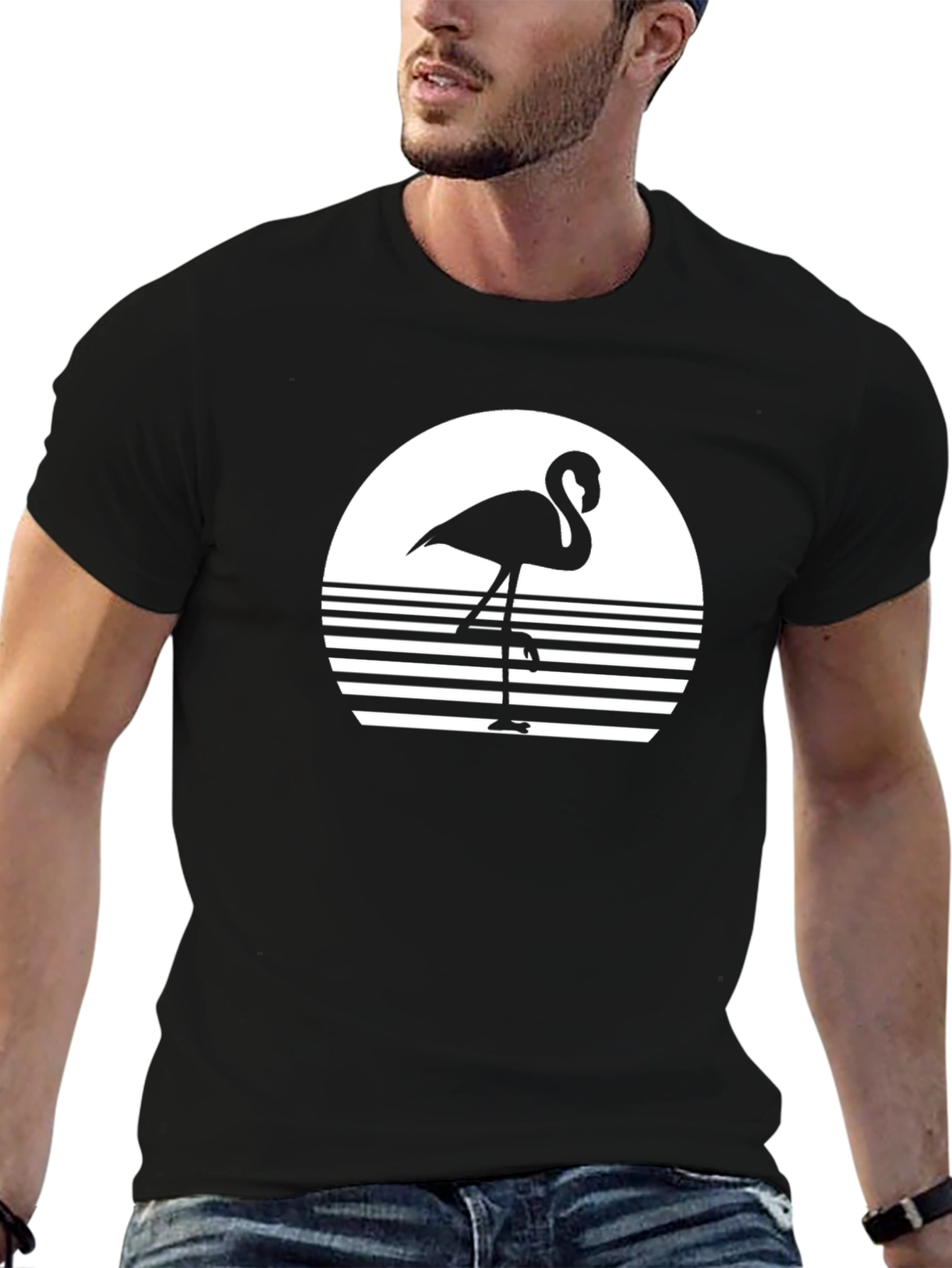 Retro Flamingo Graphic Tee - Black Cotton Comfort