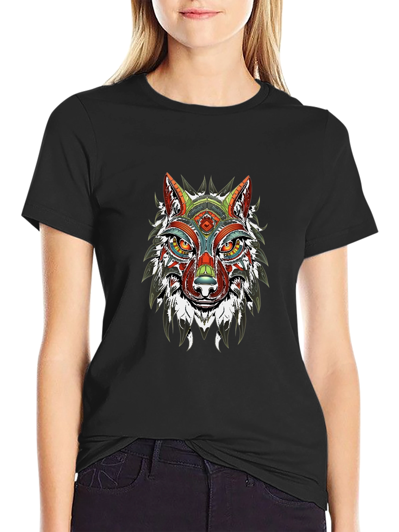 Aztec Wolf Graphic Black T-Shirt