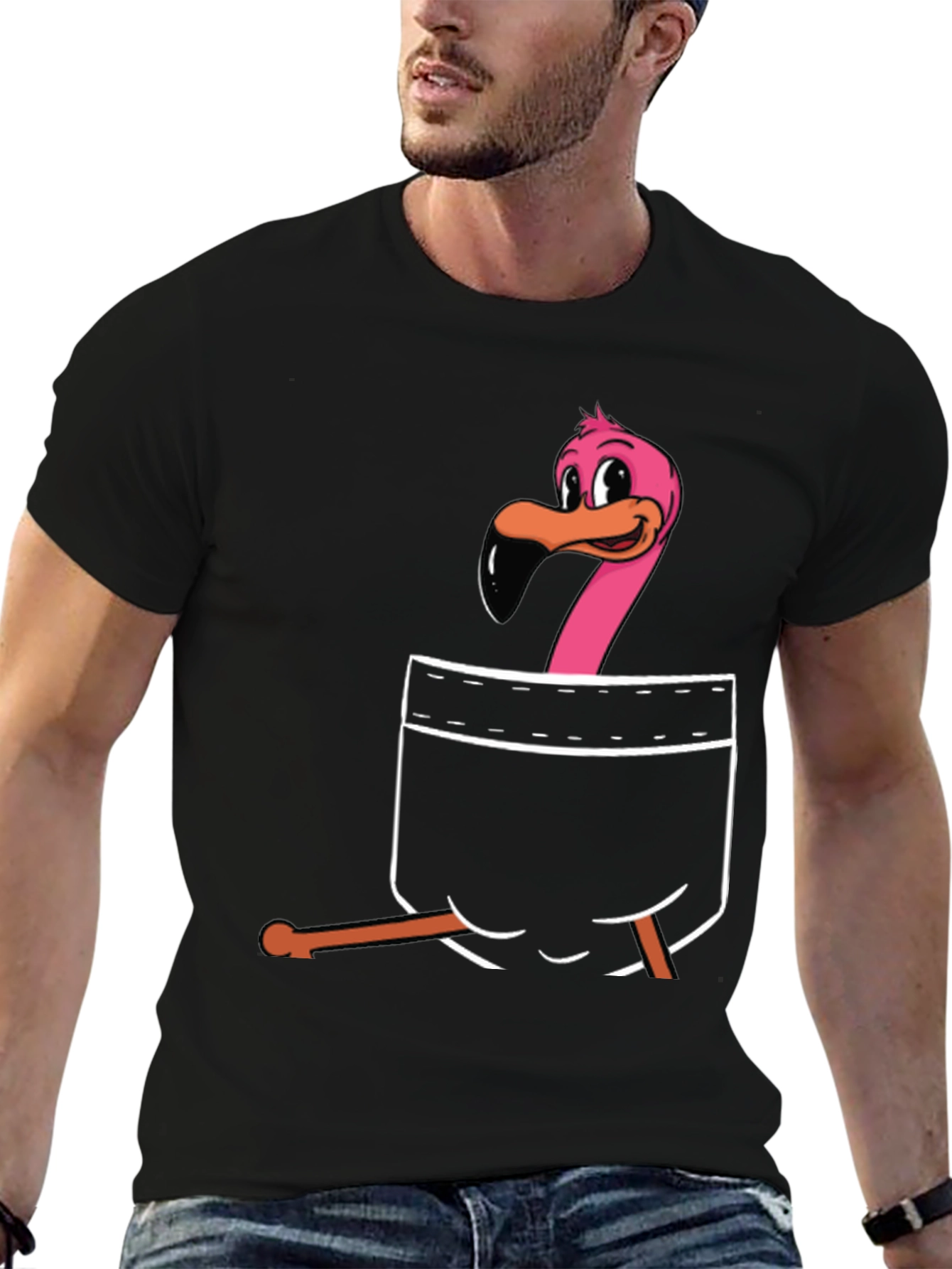 Flamingo Pocket Graphic T-Shirt - Black