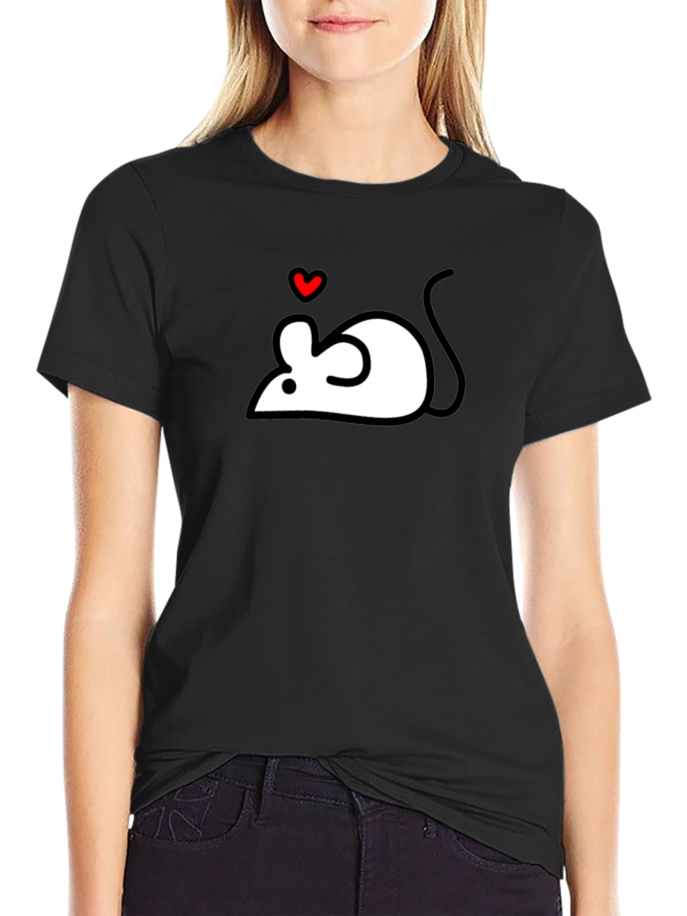 Cute Mouse Heart Graphic Black T-Shirt