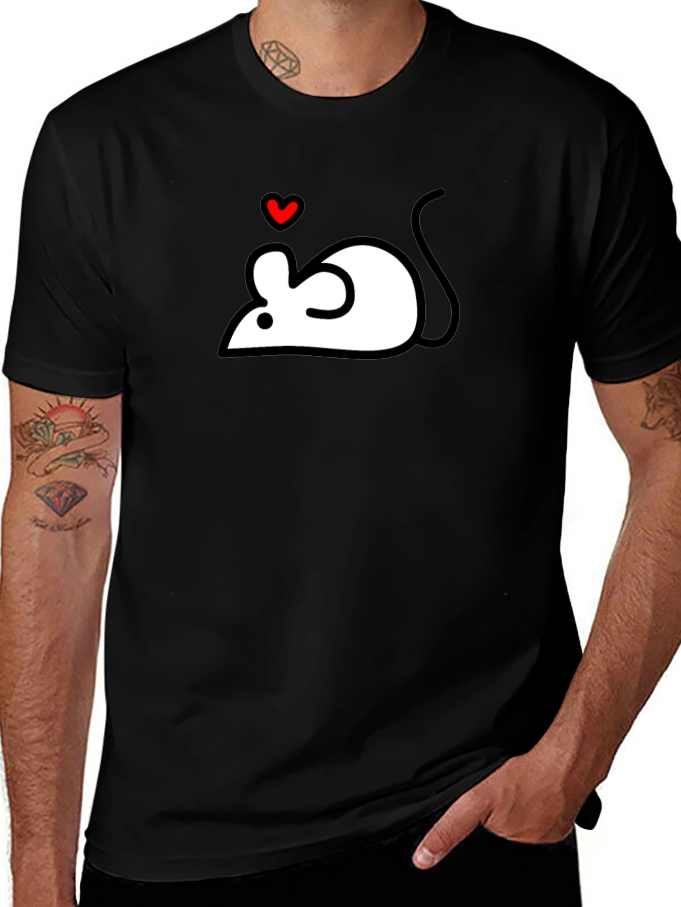 Cute Mouse Heart Graphic Black T-Shirt