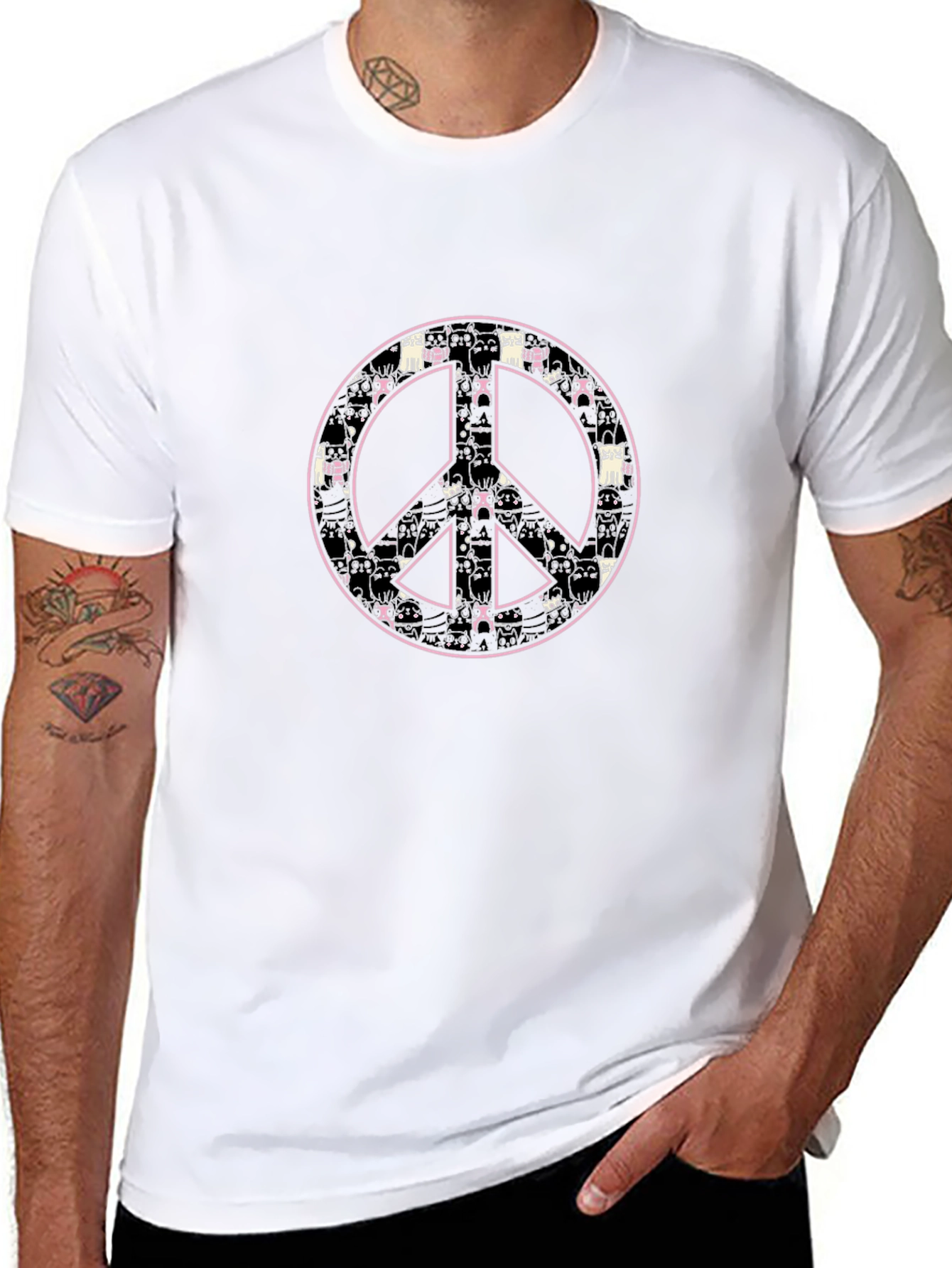 Peace Sign Cat Pattern Black T-Shirt