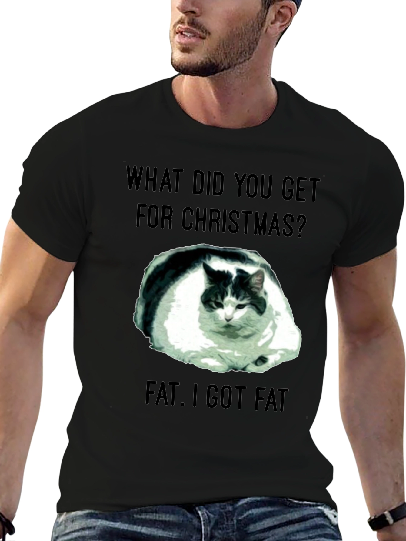 Funny Christmas Fat Cat Black T-Shirt